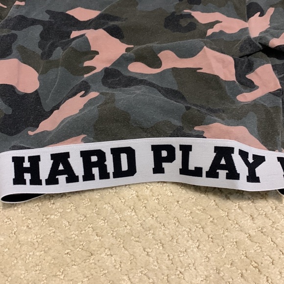 Camouflage crop top. Size xs. Lightly used. Words “work hard play hard” on end - Picture 2 of 6